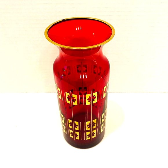Vintage Glass Flower Vase Bright Red Cranberry and Gold  *READ* - Picture 2 of 5